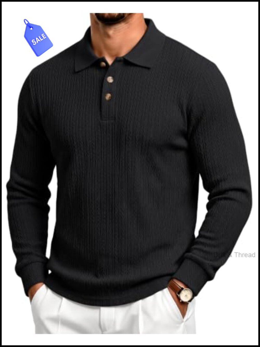 Men's Long Sleeve Knit Polo Shirt Textured Casual Cable Knit Golf Tee